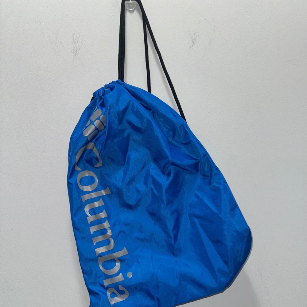 Columbia Drawstring Backpack Blue Silver Logo Sackpack Gym Hiking Travel Bag